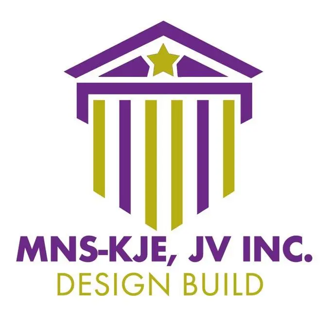 A purple and yellow logo for the mns-kje, jv inc.